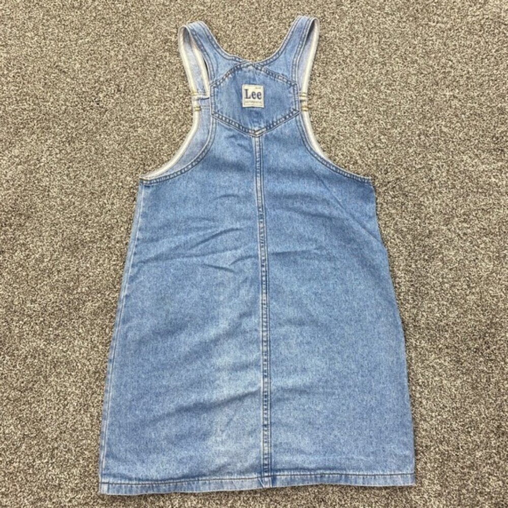 VTG Lee Dress Girls 14 Dark Blue Jean Denim Sleeveless Cotton Pockets Fade USA
